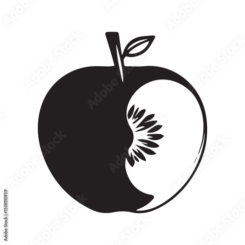 Halved fruit illustration with a stylized design. A half-cut apple/peach-like fruit with a visible seed/pit. Fruit illustration for a graphic design portfolio -