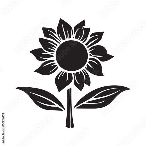 Black and white stylized sunflower illustration in a graphic design format. A simple, decorative graphic of a sunflower with detailed petals and leaves against a plain background.