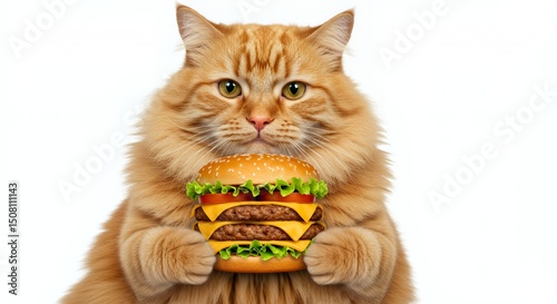 Fluffy Orange Cat Holding Double Cheeseburger Isolated on White Background Featuring Lettuce Delicious Fast Food Lunch Meal
