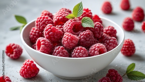 A white bowl filled with fresh raspberries and a few leaves on a grey surface in a close up shot photo