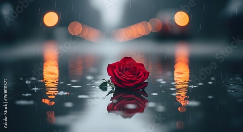 red rose on the wall. Poignant Red Rose in Rain: Reflective Street & Bokeh Night Lights.