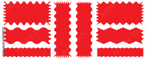 Frames Scalloped Vector Corrugated Bento Grid Shapes Set. Scallop Frame Wavy Retro Stickers Collection. Red silhouette scalloped frames. Geometric shapes stickers with zigzag wavy edge