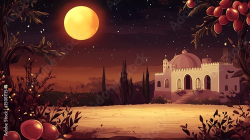 A night scene with a large building and a full moon.