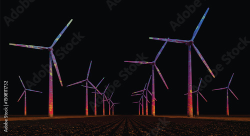 Colourful Abstract Wind Turbines on Dark Background
