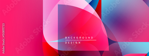 Abstract vibrant background. Overlapping shapes create dynamic visual effect. Pink, blue, red hues dominate composition. Modern design element.