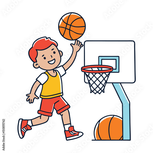 Young redhaired boy happily balances orange basketball on his finger while near hoop