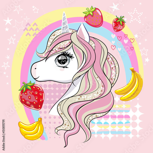 Cute fruity unicorn on pastel background.