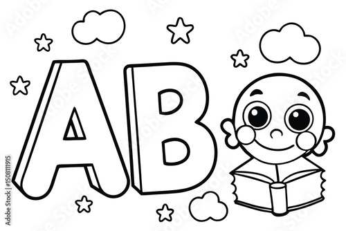 AB Letters, Cartoon Child Reading, Stars and Clouds Outlines Coloring Page for Kids