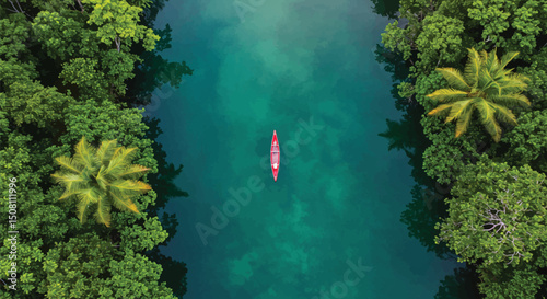 Red Canoe on Lush Tropical River An Aerial View