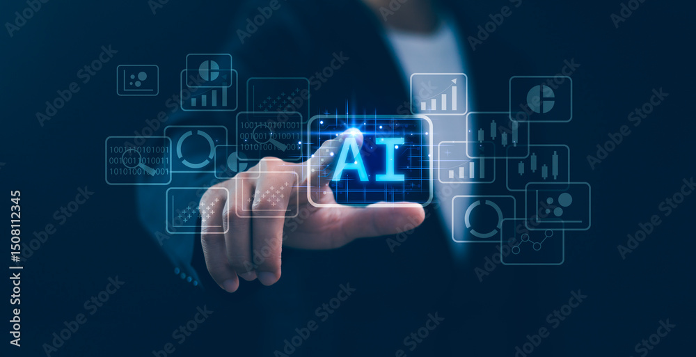 Concept of artificial intelligence in business. Hand interacts with a glowing AI symbol and various business icons, AI solutions, business automation, and the future of work. Future technology.