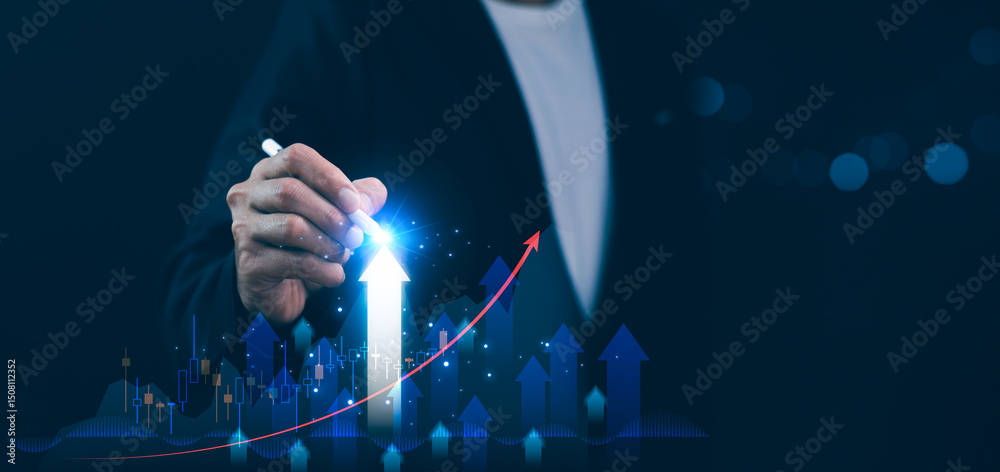 Businessman using stylus pen pointing a glowing graph chart with upward arrow, business growth, financial success, market improvement. Concept strategic planning, investment analysis, goal economy.