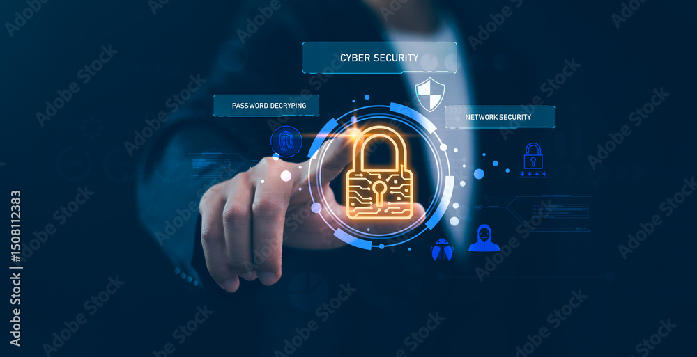 Cyber security concept. Hand pointing at a digital padlock with network security and password decrypting text, representing data protection, online safety, and advanced technology for secure systems.
