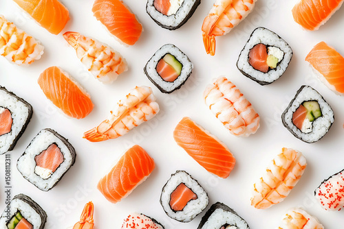 Sushi set with salmon and shrimp on a white close-up, top view.