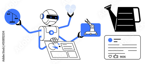 Robot juggling justice scales, heart, robotic arm, document, and watering can. Ideal for technology, AI ethics, sustainability, multitasking innovation automation and a simple landing page