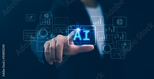 Obraz na płótnie Concept of artificial intelligence in business. Hand interacts with a glowing AI symbol and various business icons, AI solutions, business automation, and the future of work. Future technology. w salonie