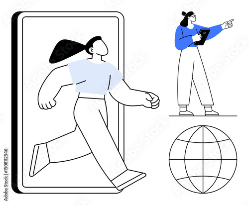 Person stepping out of a smartphone, another holding a tablet and pointing, globe symbol below. Ideal for connectivity, innovation, teamwork, tech growth, global reach, learning simple landing page