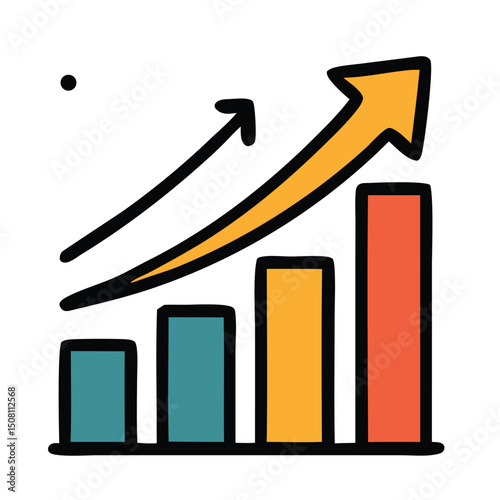 Bar graph showing progress with an upward arrow. Suitable for business presentations, financial reports, growth strategy infographics, statistics analysis.