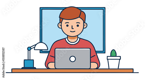 Flat Illustration of a Man Working on Laptop at Desk – Vector Design