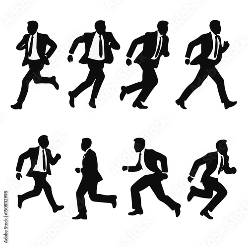 Male business professionals in suits and ties running in various poses on a plain background. Businessmen in motion, exhibiting a variety of running postures.
