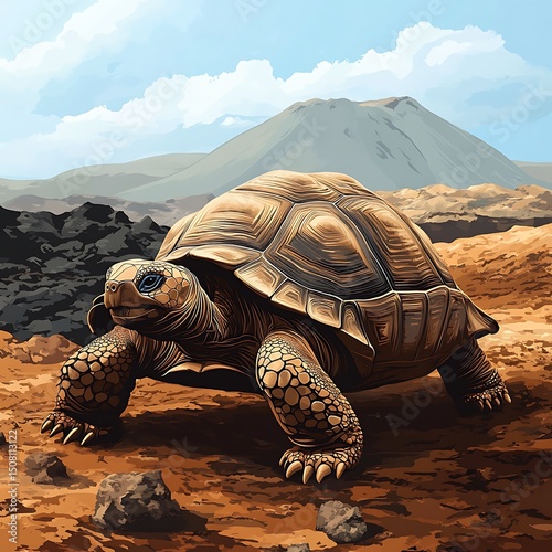 A large tortoise on a volcanic landscape.