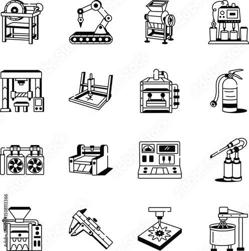Pack of Factory Equipment Doodle Style Icons 
