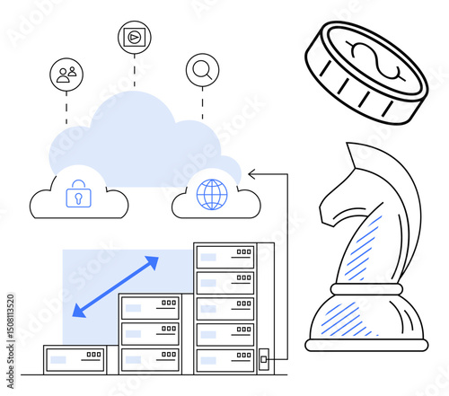 Cloud system linked to user, search, and global network coin representing financial growth knight symbolizing strategy. Ideal for finance, technology, security, data, growth, innovation business