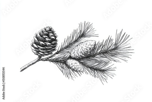 Detailed illustration of a pine branch with cones.