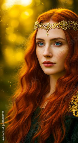 Award-winning photorealistic fantasy portrait of striking red-haired woman with golden tiara, piercing blue eyes, rich gold-embroidered garment, soft forest background, magical ambiance