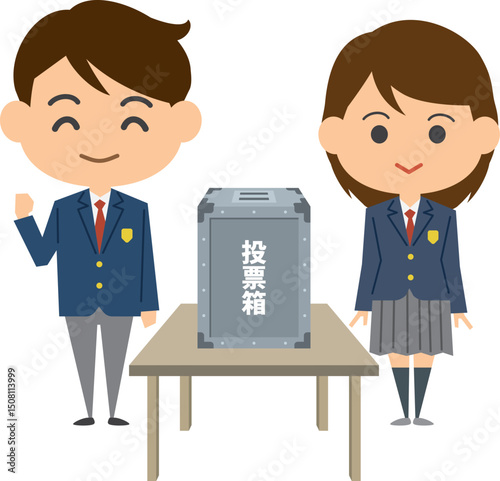 選挙の投票をする男女高校生のイメージイラスト