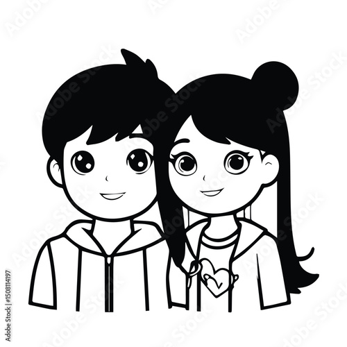 Smiling boy and girl in hoodies standing together. Friendly, anime-style children in casual wear in a studio setting. Youthful figures. no specific location.