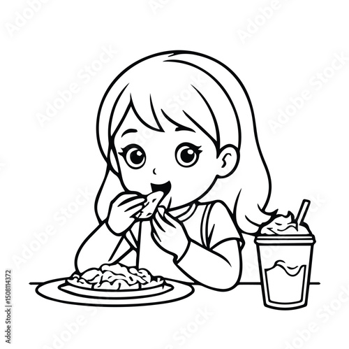 Young girl enjoying a meal with a drink. Smiling child seated at a table, happily eating a food item and drinking from a cup, in a casual setting.