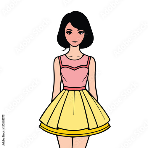Female fashion illustration in a pastel pink and yellow dress with short bob haircut. Young woman standing in a fashion design style illustration.