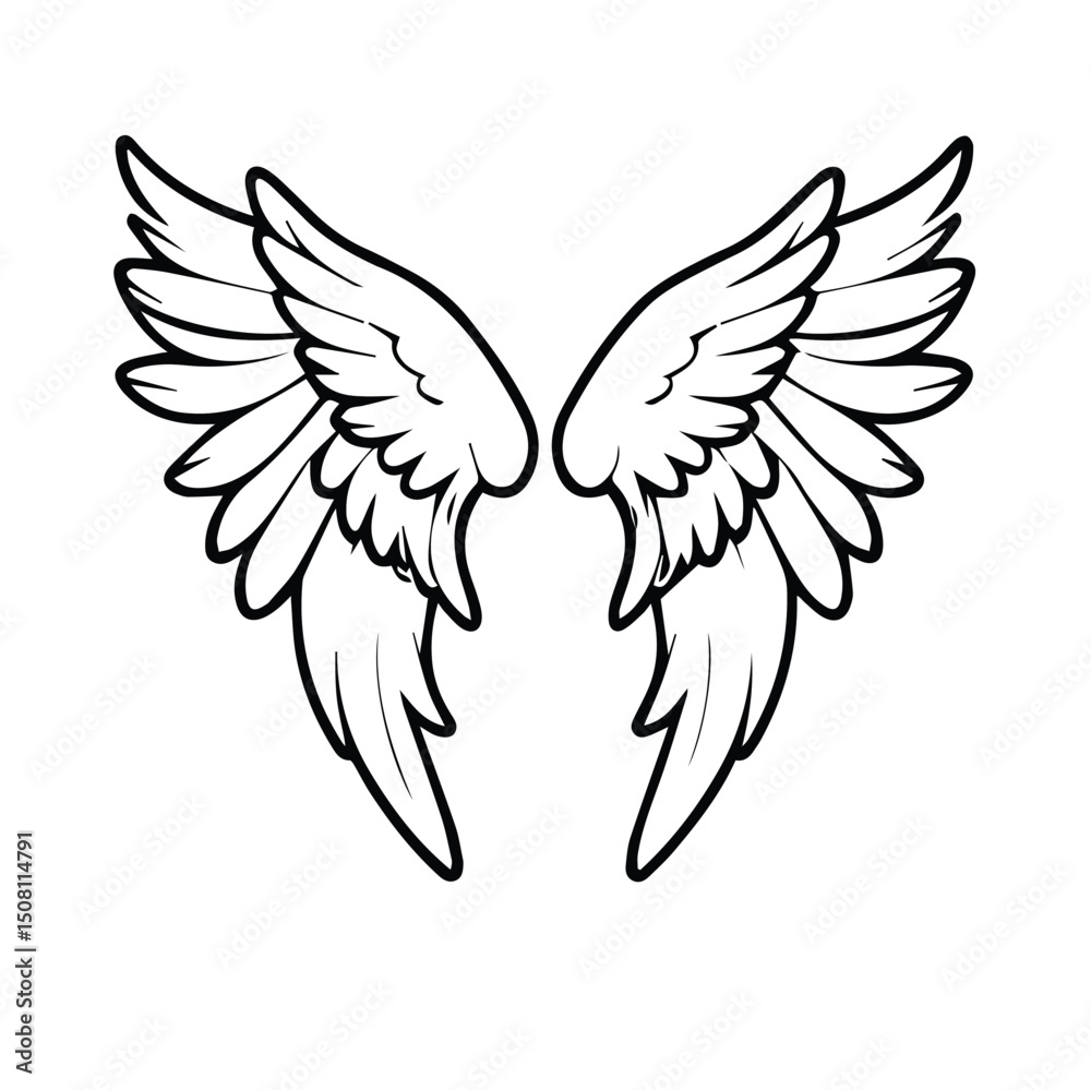 Fototapeta premium Angel wings graphic design displayed in a symmetrical pose against a plain white background. Artistic graphic design for website or social media use.