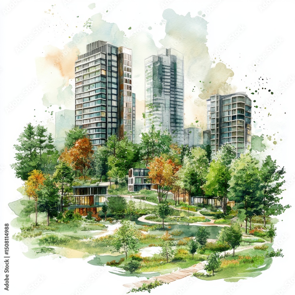 Fototapeta premium Watercolor Painting Modern Buildings Green Landscape Serene Architecture