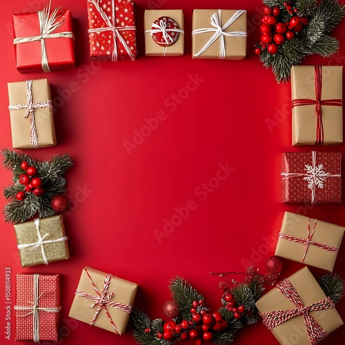 Gift boxes arranged in a red background.