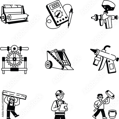 Set of 16 Industrial Tools Sketchy Style Icons
