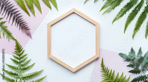 Wooden hexagon frame surrounded by fern leaves on a two-toned background.