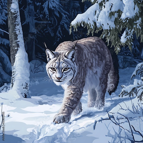 A lynx walks through a snowy forest.