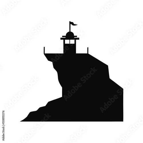 Black silhouette of a seaside watchtower atop a cliff featuring a flag illustration.