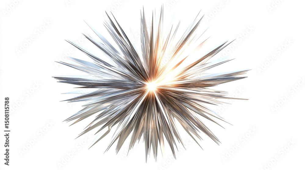 Fototapeta premium A radiant, multifaceted burst of light, emanating from a central point, with sharp, angular spikes radiating outwards in a starburst pattern. The color palette st a pure white background
