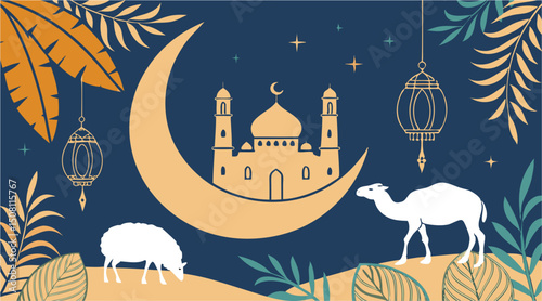 Eid al-Adha Vector Illustration with Mosque, Moon, and Animals