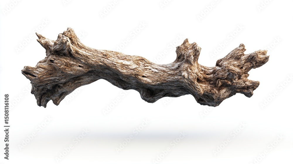 Fototapeta premium A light brown, weathered, and gnarled piece of driftwood, isolated against white