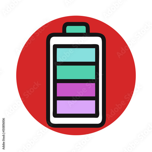 Stylized battery icon with colorful charge levels on a red background for energy themes