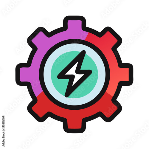 Stylized gear icon with lightning bolt and vibrant colors for power and technology concepts