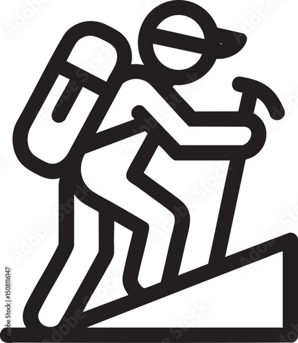 Mountain Climber Line Icon Illustration Of Hiker With Backpack And Stick On Slope For Outdoor Adventure Hiking Travel Concept Design