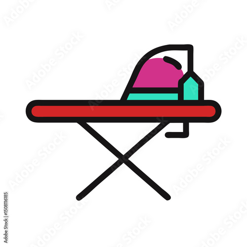Ironing board with iron in colorful design for household and laundry