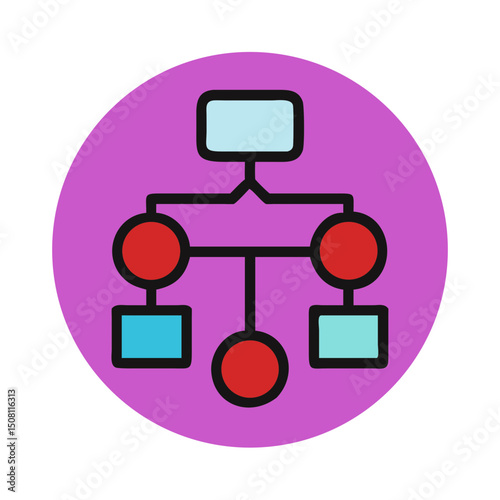 flowchart illustration with interconnected nodes on a vibrant purple background representing organization and planning