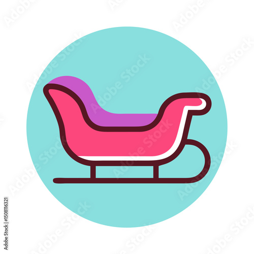 Colorful sleigh illustration in pink and purple, representing winter fun on a light aqua background