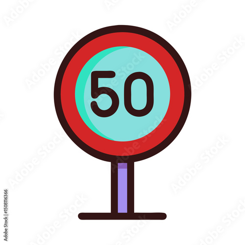 Road sign with speed limit fifty in minimalistic design and bright colors
