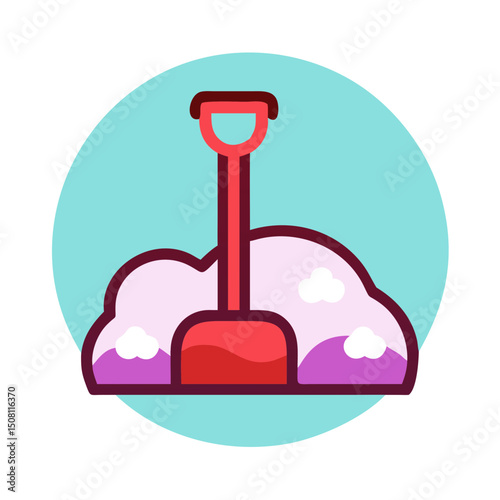 Shovel resting on colorful snow pile, symbolizing winter and outdoor activities on a light blue background